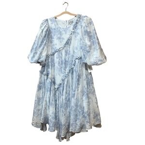 Sofie the Label Blue White Floral Mini Dress Ruffle Puff Sleeve‎ Cottage-core L